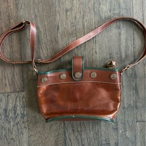 Vintage Brahmin Brown Leather Crossbody Bag Green Trim